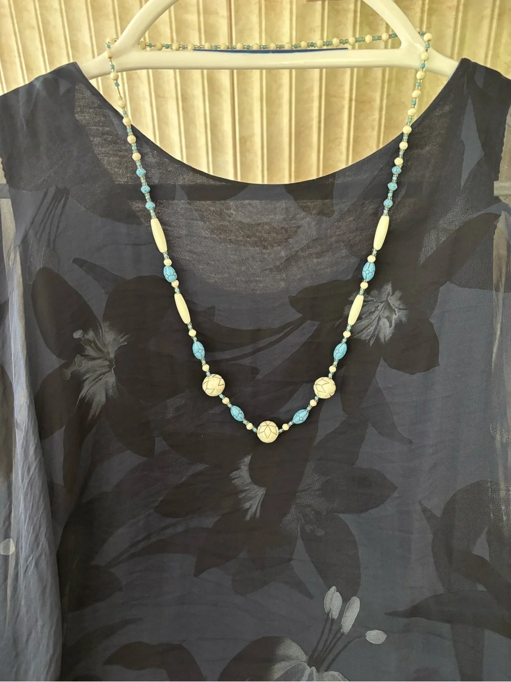 Antique Neiger White & Turquoise Beaded Long uranium glass necklace